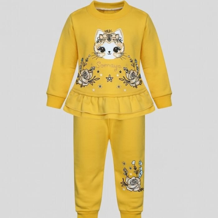 Baby Girl Winter Fleece Suit – Kitty Floral Set- Yellow
