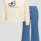 Butterfly Graphic Off-White Sweatshirt & Flared Denim Jeans Set - Front