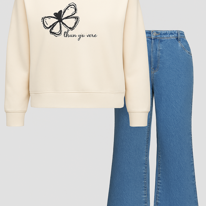 Butterfly Graphic Off-White Sweatshirt & Flared Denim Jeans Set - Front