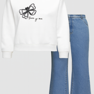 Butterfly Graphic White Sweatshirt & Flared Denim Jeans Set
