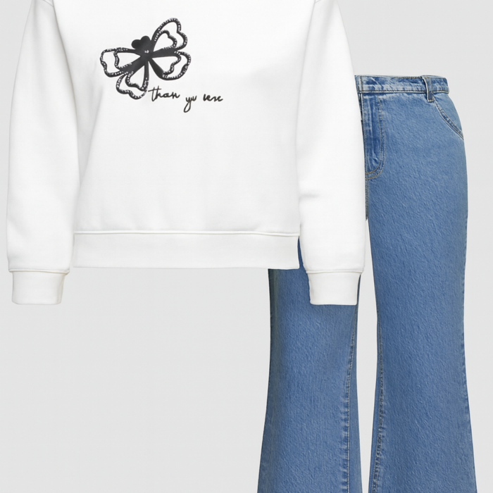 Butterfly Graphic White Sweatshirt & Flared Denim Jeans Set - Front