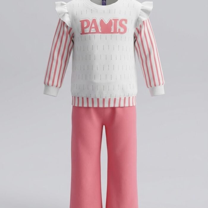 Girls “PARIS” Pink Printed Fleece Suit – Two Piece Winter Set
