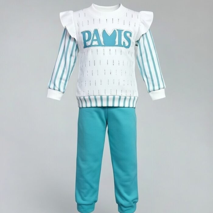 Girls “PARIS” Teal Printed Fleece Suit – Two Piece Winter Set