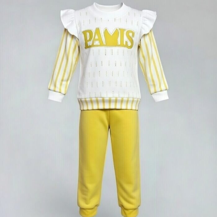 Girls “PARIS” Yellow Printed Fleece Suit – Two Piece Winter Set