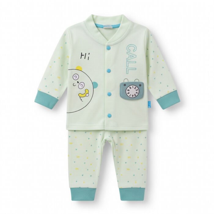 Baby Boys & Girls 2 Piece Mint Green Pajama Set – Cute Cartoon Print Toddler Night Suit – Kids Eid Outfit & Comfortable Baby Clothing Set