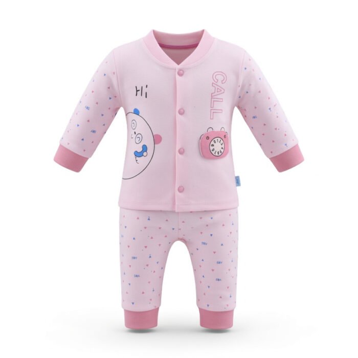 Baby Boys & Girls 2 Piece Pink Pajama Set – Cute Cartoon Print Toddler Night Suit – Kids Eid Outfit & Comfortable Baby Clothing Set