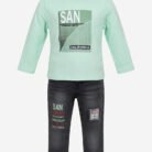 Boys San Francisco Eid Outfit – Mint Green Sweatshirt & Denim Pants Two-Piece Set - Front