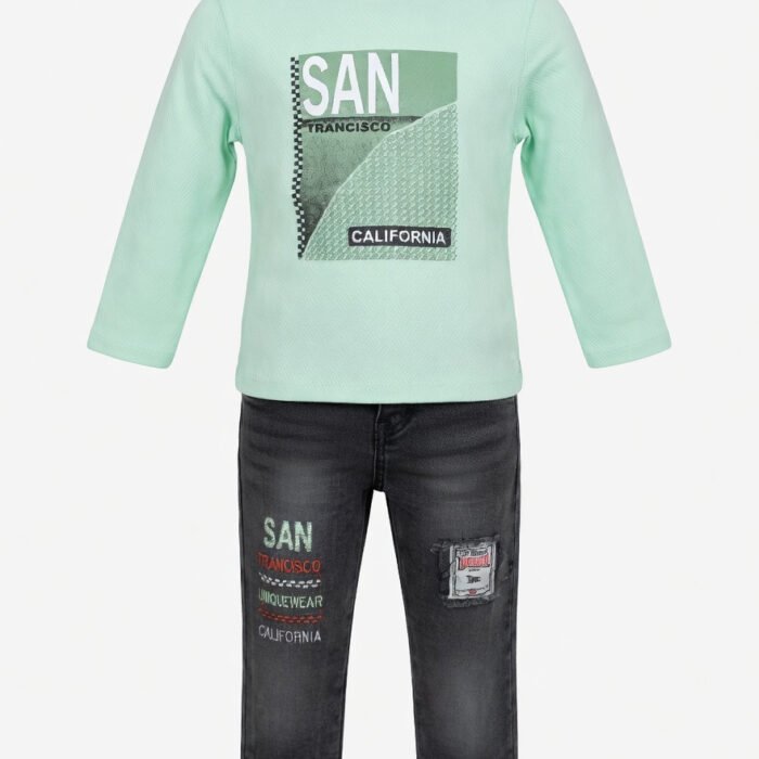 Boys San Francisco Eid Outfit – Mint Green Sweatshirt & Denim Pants Two-Piece Set - Front