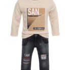 Boys San Francisco Eid Outfit – Peach Sweatshirt & Denim Pants Two-Piece Set - Front