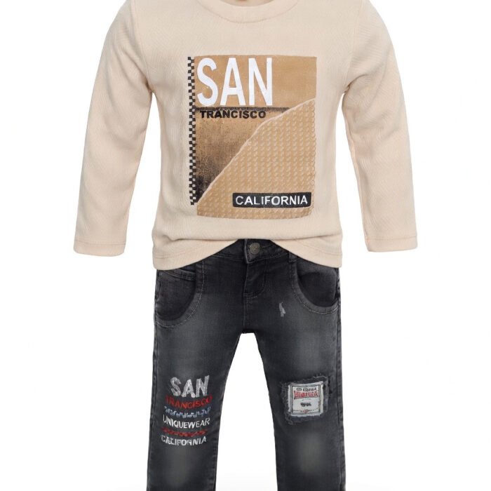 Boys San Francisco Eid Outfit – Peach Sweatshirt & Denim Pants Two-Piece Set - Front