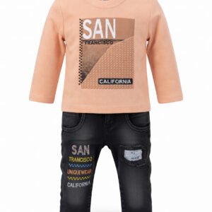 Boys San Francisco Eid Outfit – Beige Sweatshirt & Denim Pants Two-Piece Set