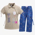 Girls Eid Outfit 2 Piece Set – Beige SHE’S Top & Embroidered Blue Denim Pants Kids Festive Clothing1
