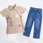 Girls Eid Outfit 2 Piece Set – Beige SHE’S Top & Embroidered Blue Denim Pants Kids Festive Clothing2