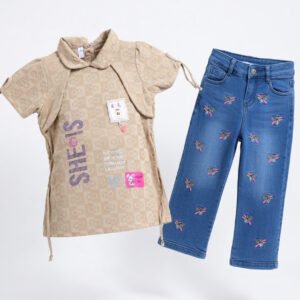 Girls Eid Outfit 2 Piece Set – Beige SHE’S Top & Embroidered Blue Denim Pants | Kids Festive Clothing