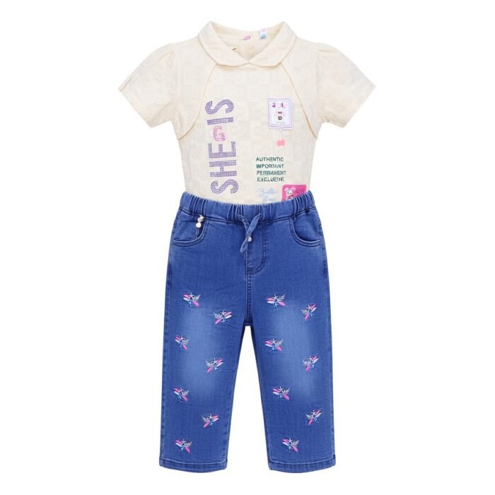 Girls Eid Outfit 2 Piece Set – Cream SHE’S Top & Embroidered Blue Denim Pants Kids Festive Clothing