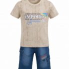 Kids Boys 2 Piece Denim Shorts & Printed Beige T-Shirt Set – Stylish Summer Kids Outfit – Eid Festive Clothing for Boys