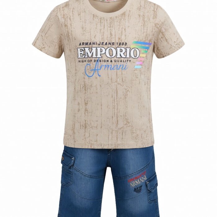 Kids Boys 2 Piece Denim Shorts & Printed Beige T-Shirt Set – Stylish Summer Kids Outfit – Eid Festive Clothing for Boys