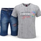 Kids Boys 2 Piece Denim Shorts & Printed Light Gray T-Shirt Set – Stylish Summer Kids Outfit – Eid Festive Clothing for Boys