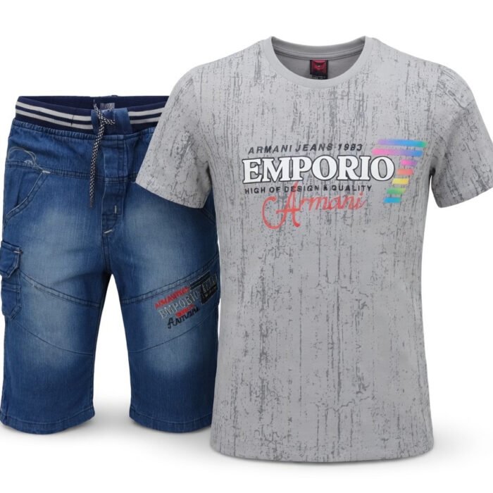 Kids Boys 2 Piece Denim Shorts & Printed Light Gray T-Shirt Set – Stylish Summer Kids Outfit – Eid Festive Clothing for Boys