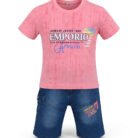 Kids Boys 2 Piece Denim Shorts & Printed Pink T-Shirt Set – Stylish Summer Kids Outfit – Eid Festive Clothing for Boys