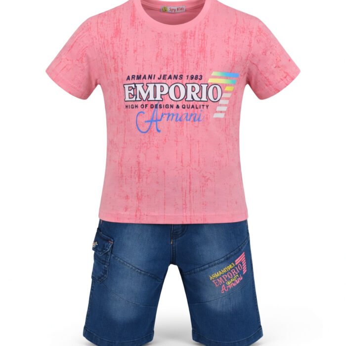 Kids Boys 2 Piece Denim Shorts & Printed Pink T-Shirt Set – Stylish Summer Kids Outfit – Eid Festive Clothing for Boys