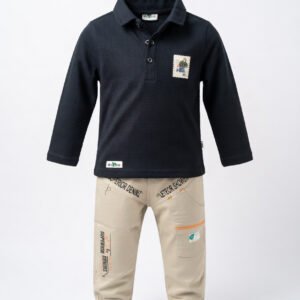 Kids Boys Eid Outfit 2 Piece Set – Navy Blue Polo Shirt & Cream Cargo Pants  Stylish Toddler Festive Wear