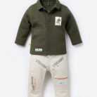 Kids Boys Eid Outfit 2 Piece Set – Olive Green Polo Shirt & Cream Cargo Pants Trendy Toddler Boys Clothes - Front
