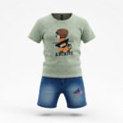 Kids Eid Outfit – Toddler Boys 2 Piece Set ARCHIVE Cartoon T-Shirt & Denim ShortsPants-Sea Green