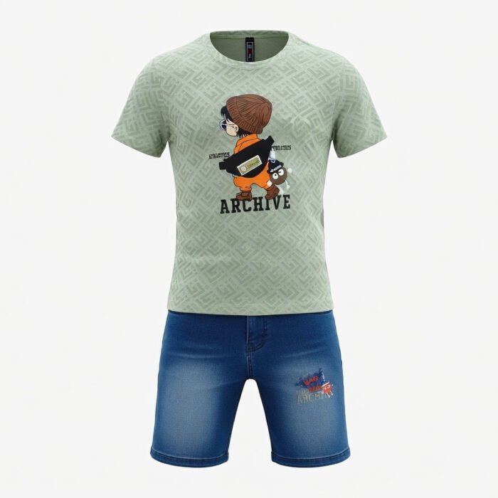 Kids Eid Outfit – Toddler Boys 2 Piece Set ARCHIVE Cartoon T-Shirt & Denim ShortsPants-Sea Green-2
