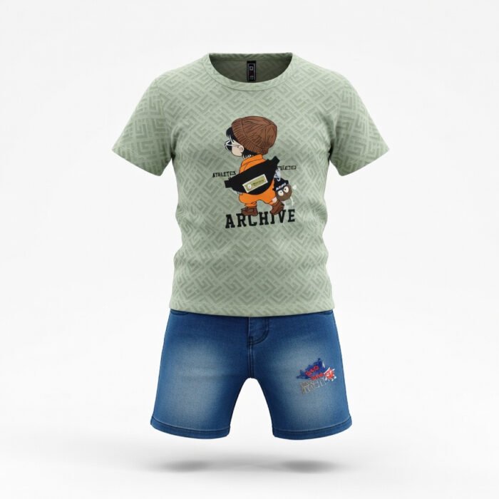 Kids Eid Outfit – Toddler Boys 2 Piece Set ARCHIVE Cartoon T-Shirt & Denim ShortsPants-Sea Green