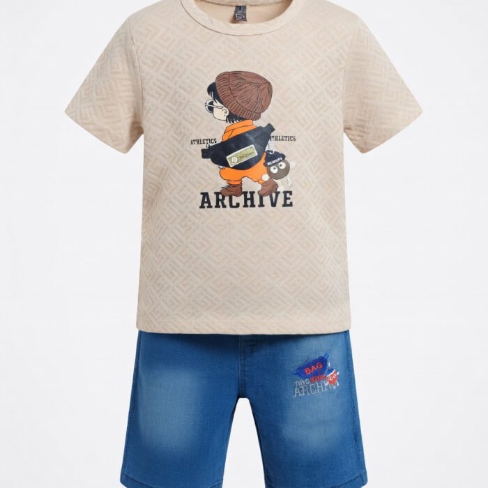 Kids Eid Outfit – Toddler Boys 2 Piece Set ARCHIVE Cartoon T-Shirt & Denim ShortsPants-Skin-2
