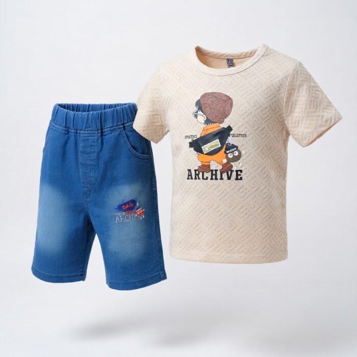 Kids Eid Outfit – Toddler Boys 2 Piece Set ARCHIVE Cartoon T-Shirt & Denim ShortsPants-Skin