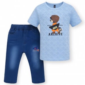 Kids Eid Outfit – Toddler Boys 2 Piece Set | ARCHIVE Cartoon T-Shirt & Denim Shorts/Pants