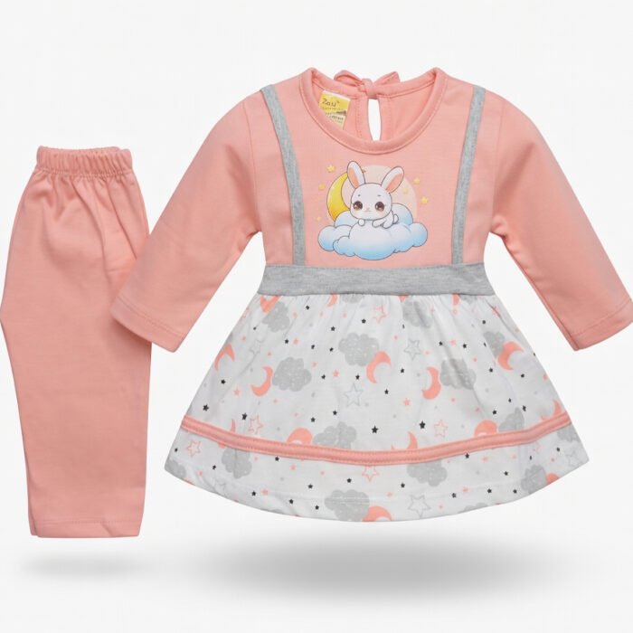 Kids Eid Outfit – Toddler Boys & Girls 2 Piece Festive Clothing Set Bunny Cloud Design-Baby Pink