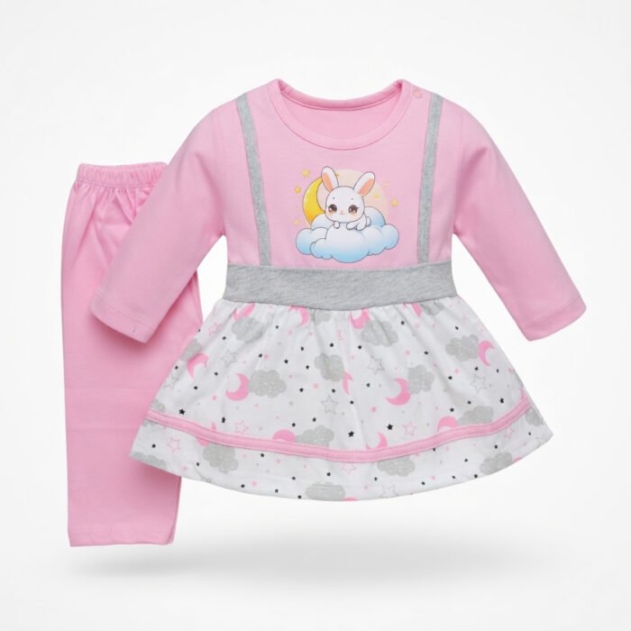 Kids Eid Outfit – Toddler Boys & Girls 2 Piece Festive Clothing Set Bunny Cloud Design-Candy Pink