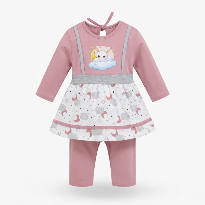 Kids Eid Outfit – Toddler Boys & Girls 2 Piece Festive Clothing Set Bunny Cloud Design-Dusrty Rose