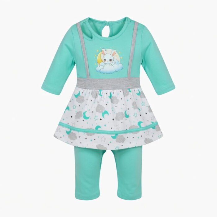 Kids Eid Outfit – Toddler Boys & Girls 2 Piece Festive Clothing Set Bunny Cloud Design-Turquoise