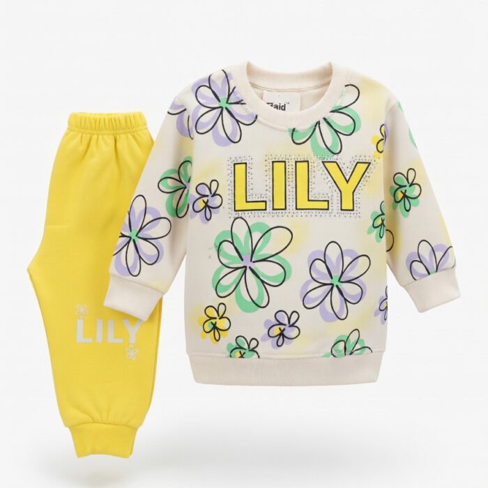 Kids Eid Outfit – Toddler Girls 2 Piece Festive Clothing Set LILY Floral Design-Yellow