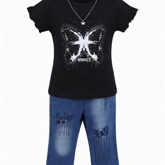 Kids Eid Outfit – Toddler Girls 2 Piece Set Butterfly Design Jeans & Top MINNICE MINNIE Festive Clothes-Black