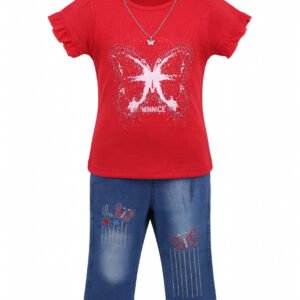 Kids Eid Outfit – Toddler Girls 2 Piece Set | Butterfly Design Jeans & Top | MINNICE / MINNIE Festive Clothes