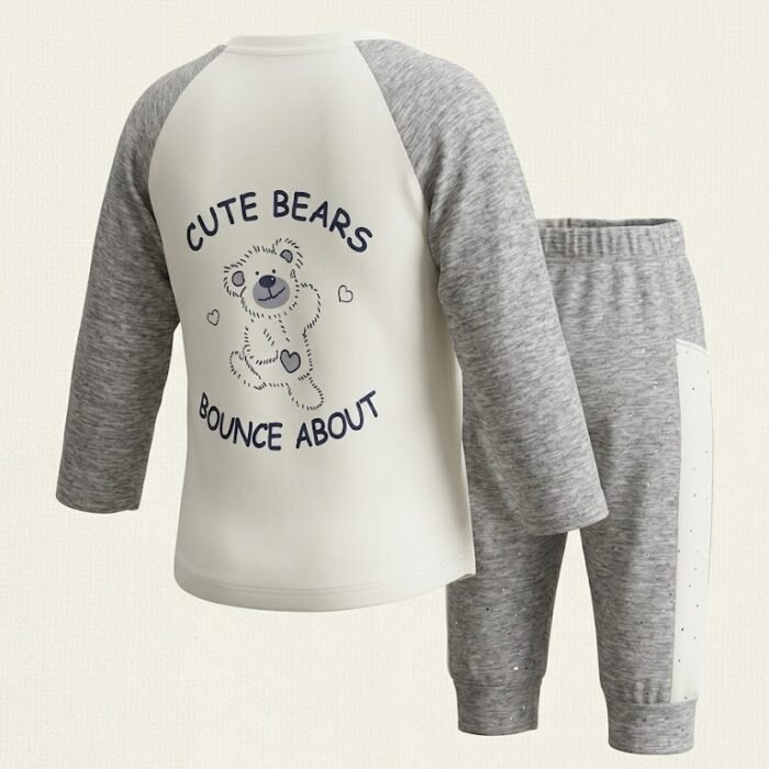 Baby Cute Bear 2-Piece Cotton Outfit Set – Soft Long Sleeve Shirt & Pants for Boys & Girls Gray Back