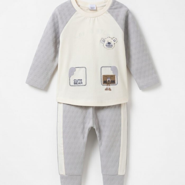Baby Cute Bear 2-Piece Cotton Outfit Set – Soft Long Sleeve Shirt & Pants for Boys & Girls - Gray Front