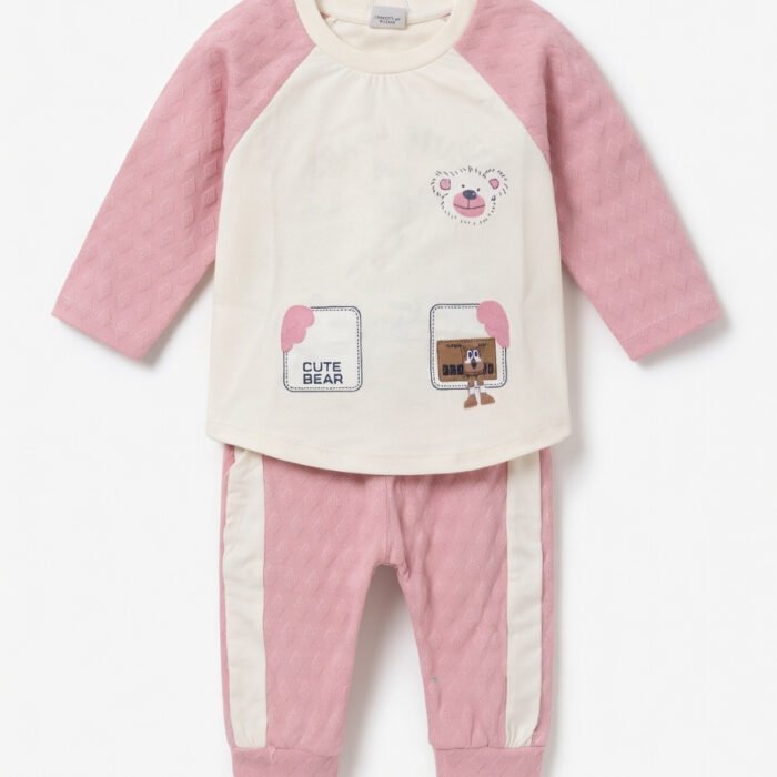 Baby Cute Bear 2-Piece Cotton Outfit Set – Soft Long Sleeve Shirt & Pants for Boys & GirlsPink Front