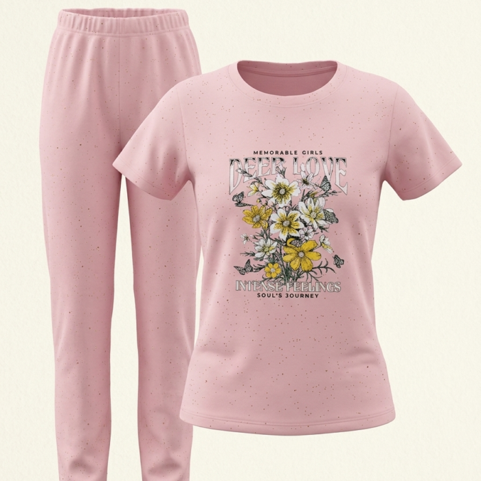 Girls Eid Outfit 2 Piece Set – Pink Floral Print Top with Matching Trousers - Kids Festive Wear