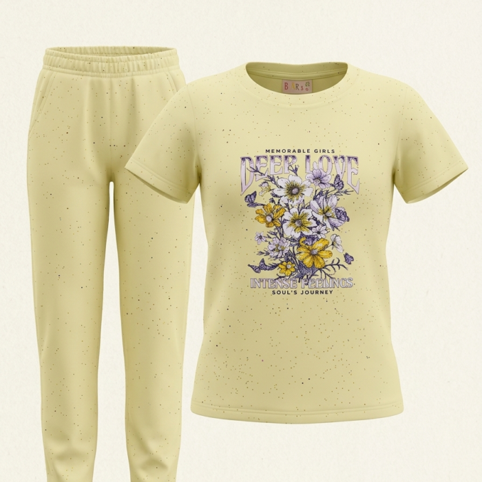 Girls Eid Outfit 2 Piece Set – Yellow Floral Print Top with Matching Trousers - Kids Festive Wear