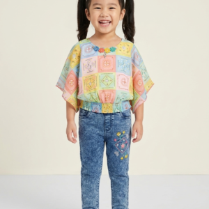 Girls Multicolor Patchwork Top & Embroidered Denim Jeans Set | Kids 2-Piece Festive Outfit | Summer Casual & Party Wear for Toddlers & Girls