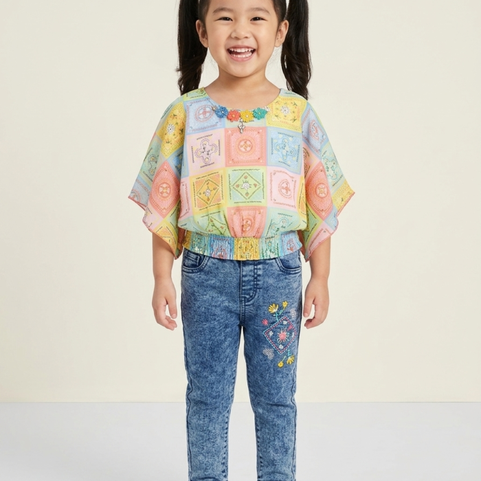 Girls Multicolor Patchwork Top & Embroidered Denim Jeans Set - Kids 2-Piece Festive Outfit - Summer Casual & Party Wear for Toddlers & Girls