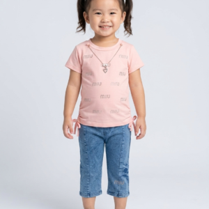Kids Girls 2 Piece Summer Outfit – MIU Rhinestone T-Shirt with Chain Pendant & Denim Pants Set | Toddler Festive Clothes