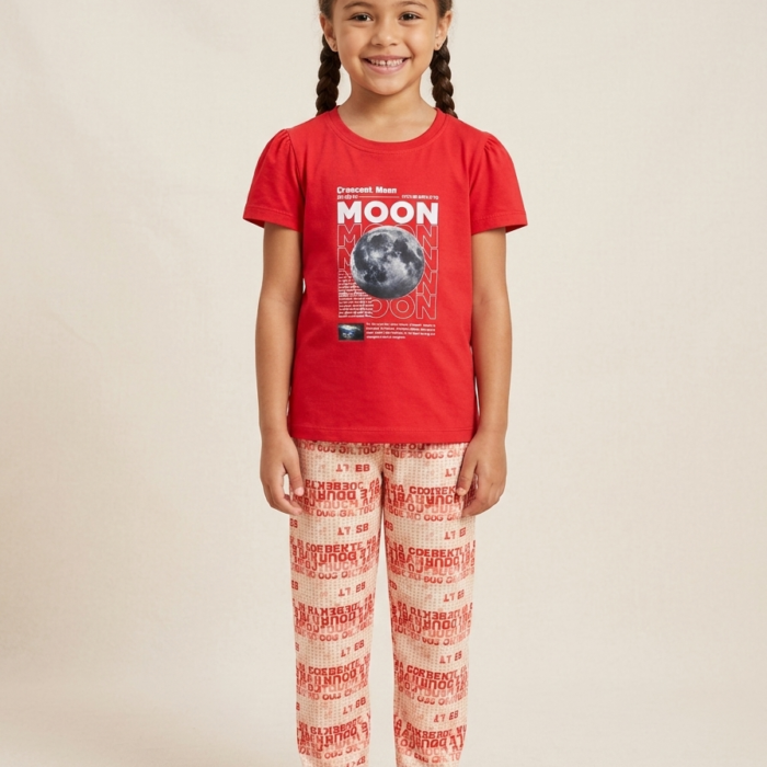 Kids Girls 2 Piece Summer Outfit – Moon Graphic - Red
