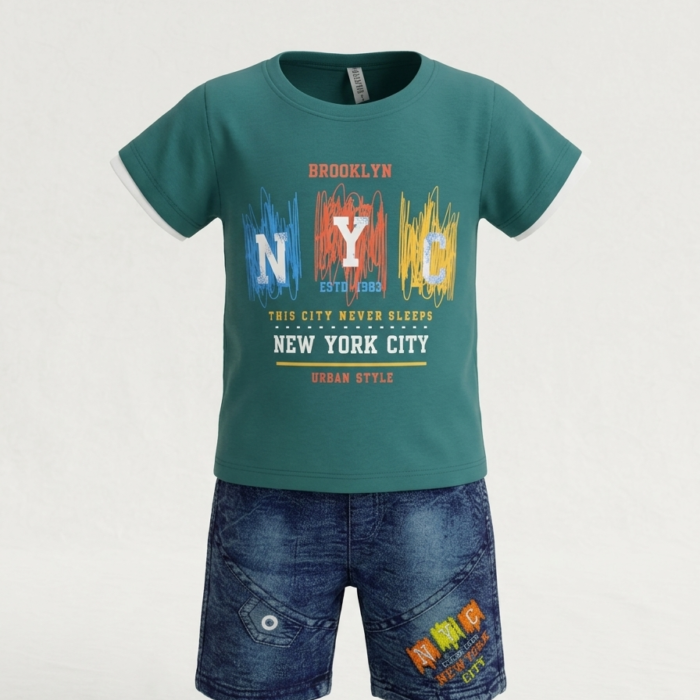 Kids NYC Summer 2 Piece Outfit – Boys Cotton T-Shirt & Denim Shorts Set Toddler Casual Eid Clothes - Dark Green